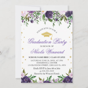 Watercolor Purple Flowers Girl Graduation Party Invitation