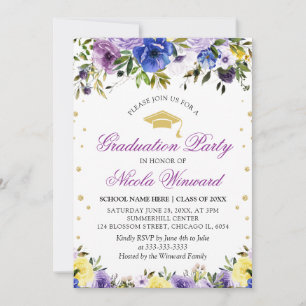 Watercolor Purple Flowers Girl Graduation Party Invitation