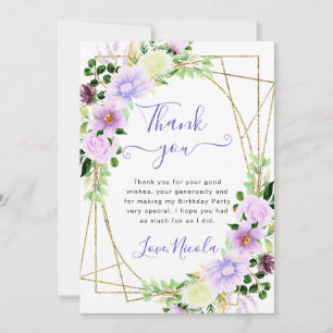 Watercolor Purple Flowers Gold Frame Birthday Thank You Card