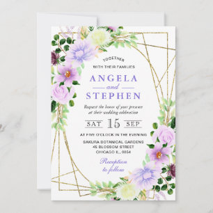 Watercolor Purple Flowers Gold Frame Wedding Invitation