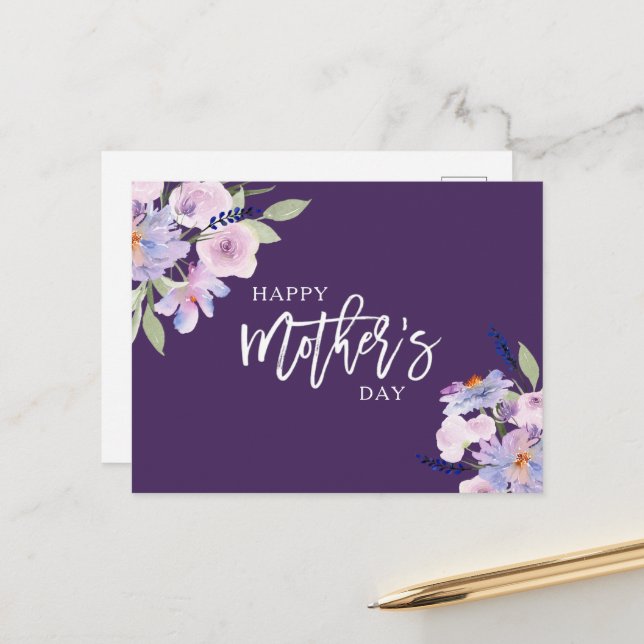 watercolor purple flowers happy mother's day  holiday postcard (Front/Back In Situ)