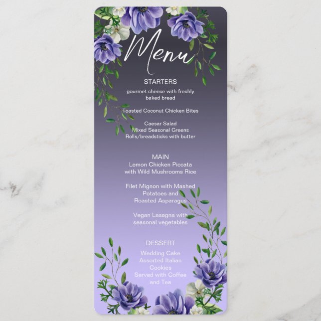 Watercolor Purple Flowers Menu (Front)