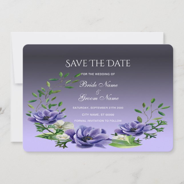 Watercolor Purple Flowers Save The Date Card (Front)