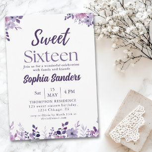 Watercolor Purple Flowers Sweet Sixteen Invitation
