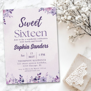 Watercolor Purple Flowers Sweet Sixteen Invitation