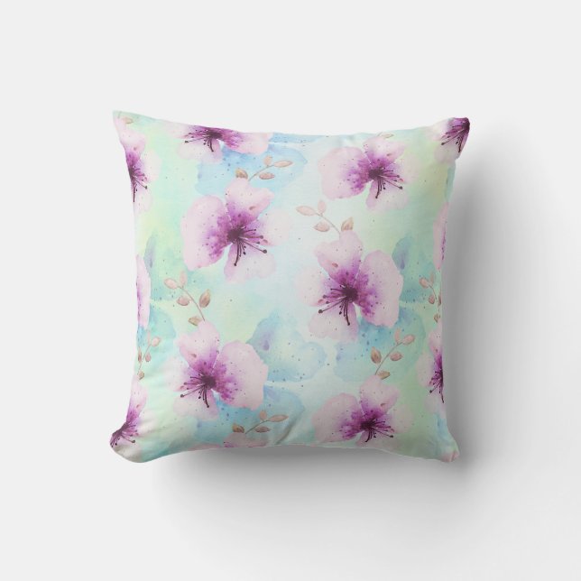 Watercolor Purple Flowers Throw Pillow (Front)
