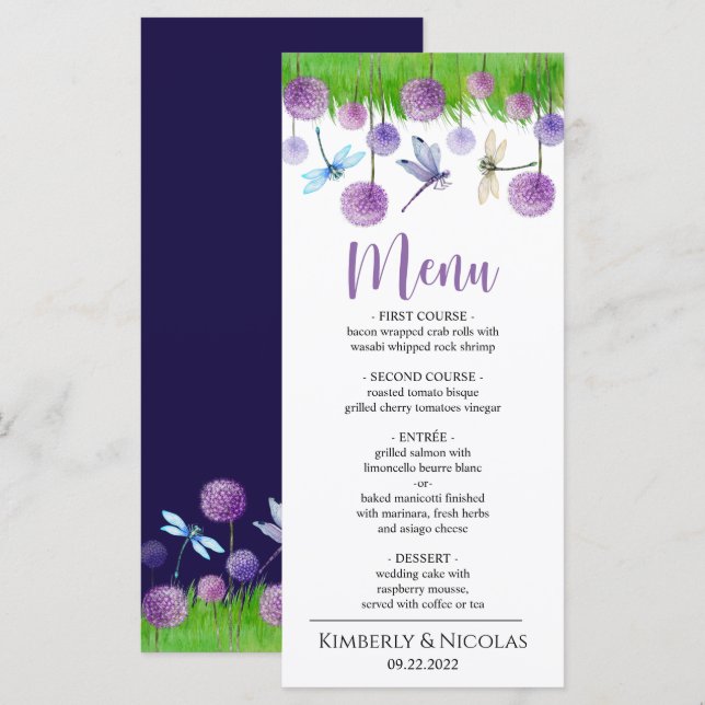 Watercolor Purple Flowers Wedding Dinner Menu (Front/Back)