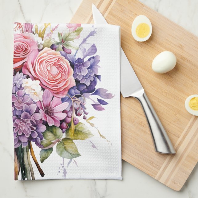 Watercolor Purple Garden Flower Bouquet Floral Kitchen Towel (Quarter Fold)