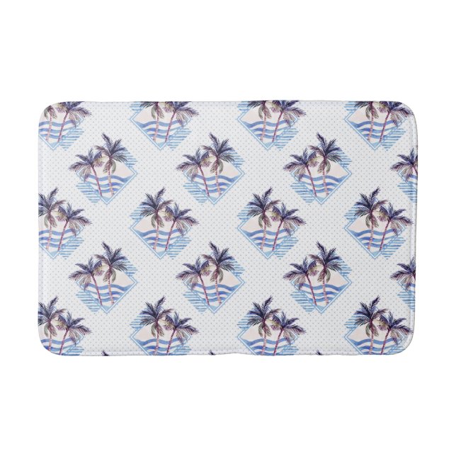 Watercolor Purple Geometric Palm Tree Pattern Bath Mat (Front)