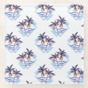 Watercolor Purple Geometric Palm Tree Pattern Glass Coaster