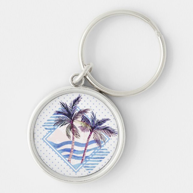 Watercolor Purple Geometric Palm Tree Pattern Keychain (Front)