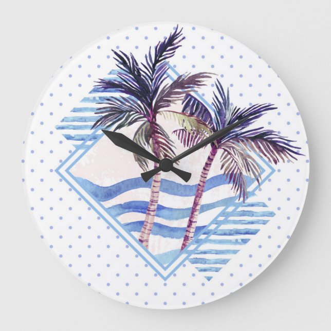 Watercolor Purple Geometric Palm Tree Pattern Large Clock (Front)