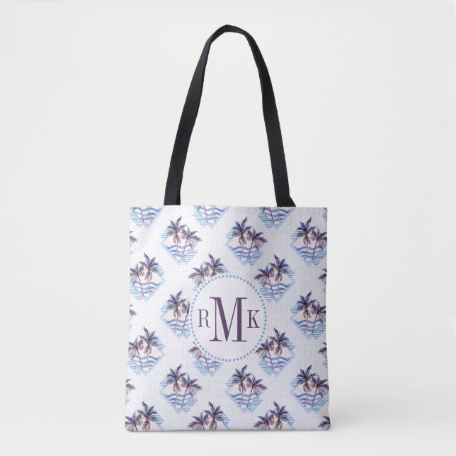 Watercolor Purple Geometric Palm Tree Pattern Tote Bag (Front)