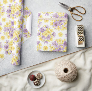 Watercolor Purple Gold Floral Pastel Flower Wrapping Paper