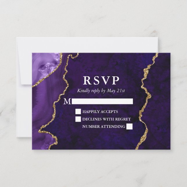 Watercolor Purple Gold Marble Agate Geode Wedding RSVP Card (Front)