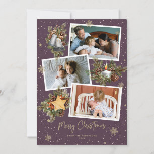 Watercolor Purple Gold Photo Merry Christmas Cards