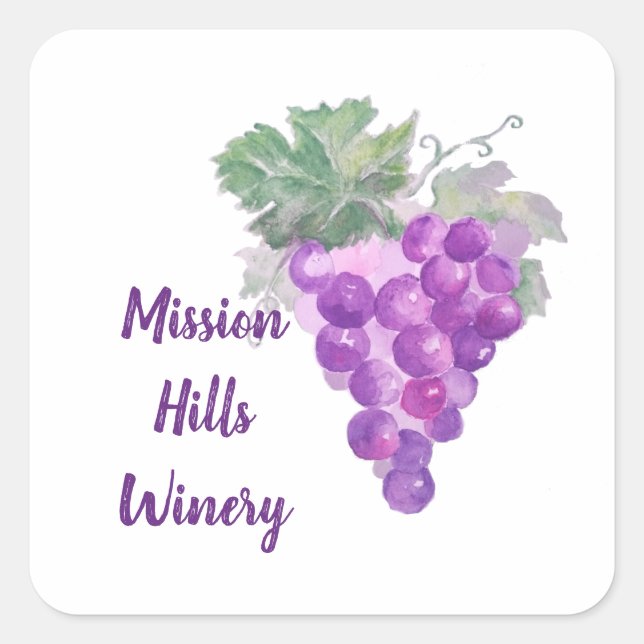 Watercolor Purple Grape Cluster Custom Winery Square Sticker (Front)