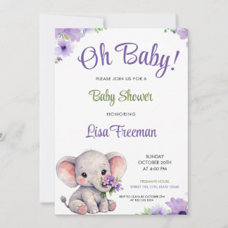 Watercolor Purple & Green Elephant Baby Shower Invitation
