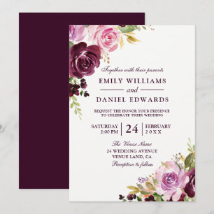 Watercolor Purple Green Leaf Wedding Invitation