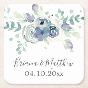 Watercolor Purple Greenery Floral Elegant Wedding Square Paper Coaster
