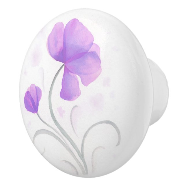 Watercolor purple grey wildflower art doorknob ceramic knob (Right)
