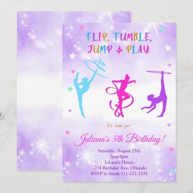 Watercolor Purple Gymnastic Birthday Invite (Front/Back)