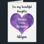 Watercolor Purple Heart 14th Birthday Daughter<br><div class="desc">A Happy 14th birthday daughter card that features a watercolor purple heart,  which you can personalize  underneath with her name. The inside of this 14th birthday card reads a heartfelt sentiment for your daughter.</div>