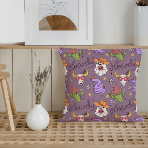 Watercolor Purple Howdy Ghost Cowboy Halloween Throw Pillow