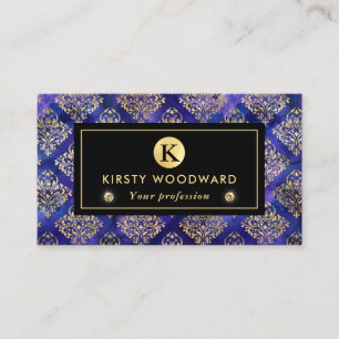 Watercolor Purple Ink Pattern with Gold Damask Business Card