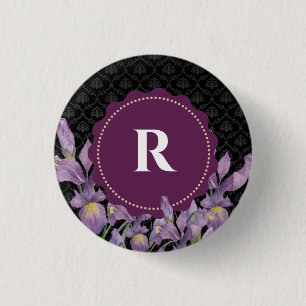 Watercolor Purple Iris Black Damask Monogram 1 Inch Round Button