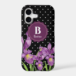 Watercolor Purple Iris Black White Polka Dots
