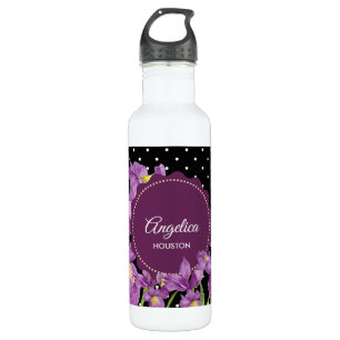 Watercolor Purple Iris Black White Polka Dots 710 Ml Water Bottle