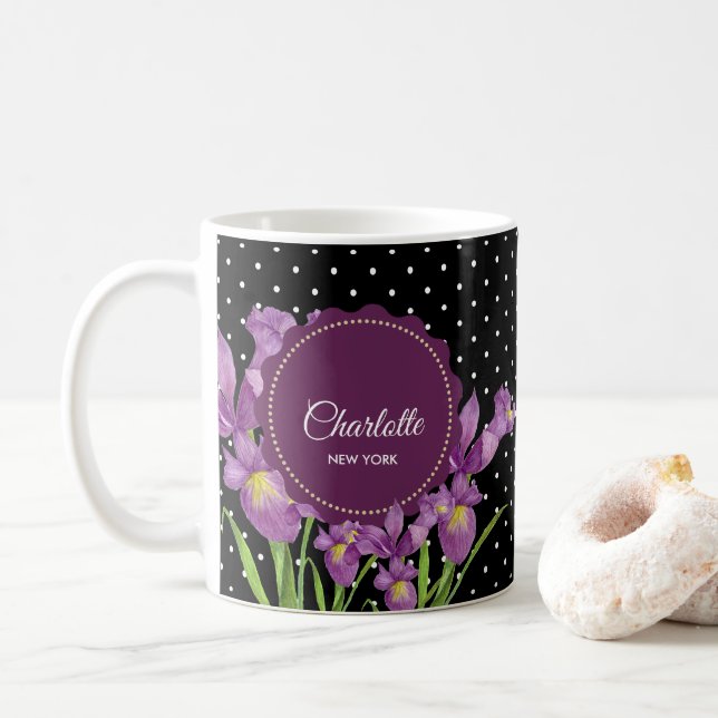 Watercolor Purple Iris Black White Polka Dots Coffee Mug (With Donut)