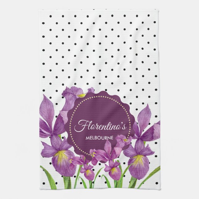 Watercolor Purple Iris Black White Polka Dots Kitchen Towel (Vertical)