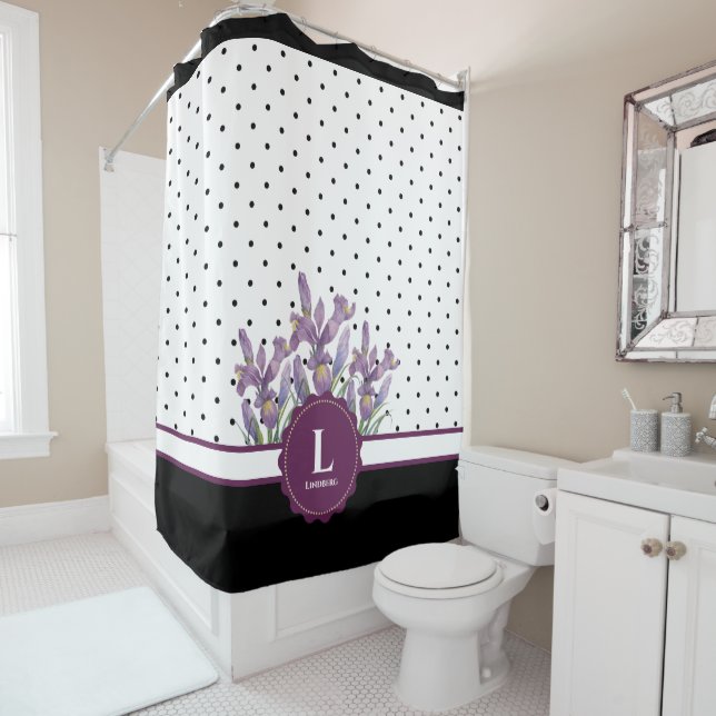 Watercolor Purple Iris Black White Polka Dots Show (In Situ)
