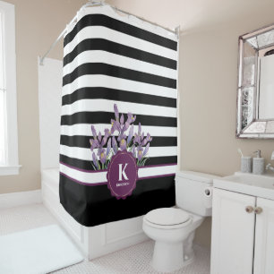 Watercolor Purple Iris Black White Stripes Pattern