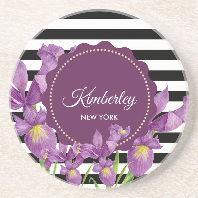 Watercolor Purple Iris Black White Stripes Pattern Coaster (Front)