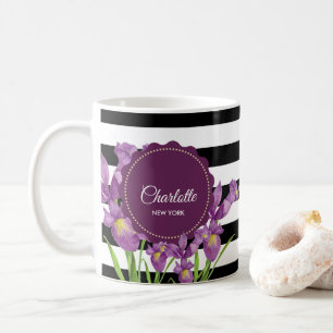 Watercolor Purple Iris Black White Stripes Pattern Coffee Mug