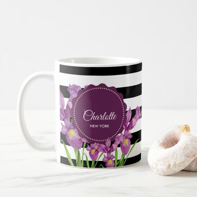 Watercolor Purple Iris Black White Stripes Pattern Coffee Mug (With Donut)