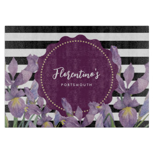 Watercolor Purple Iris Black White Stripes Pattern Cutting Board