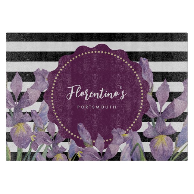 Watercolor Purple Iris Black White Stripes Pattern Cutting Board (Front)