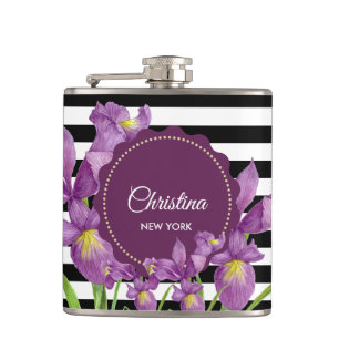 Watercolor Purple Iris Black White Stripes Pattern Hip Flask