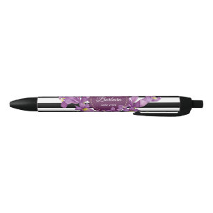 Watercolor Purple Iris Black White Stripes Pattern Ink Pen