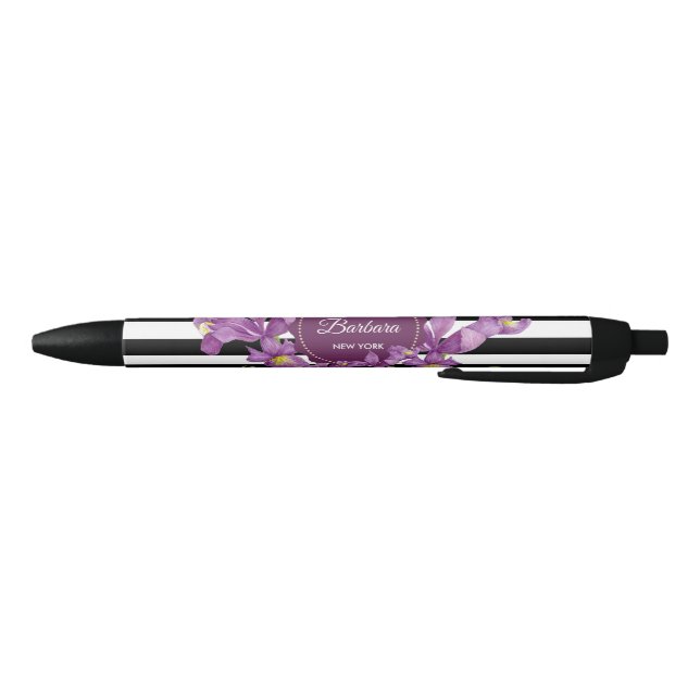 Watercolor Purple Iris Black White Stripes Pattern Ink Pen (Bottom)