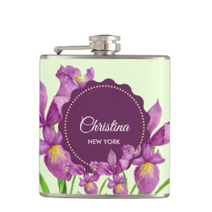 Watercolor Purple Iris Botanical Illustration Hip Flask