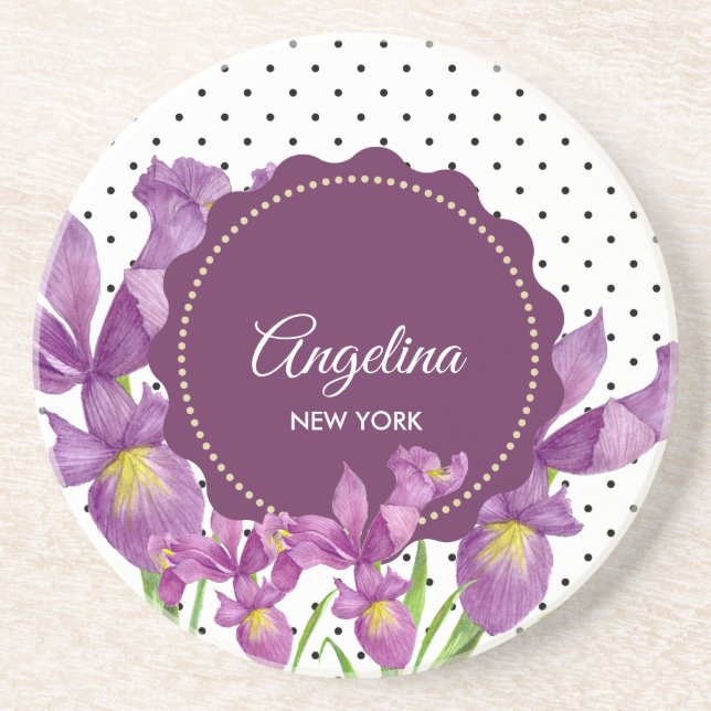Watercolor Purple Iris Botanical Polka Dots Coaster (Front)