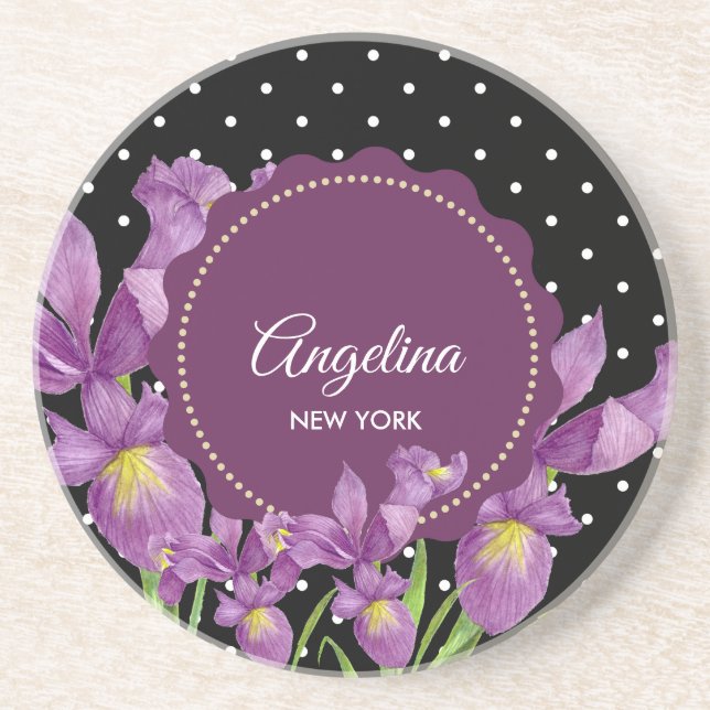 Watercolor Purple Iris Botanical Polka Dots Coaster (Front)
