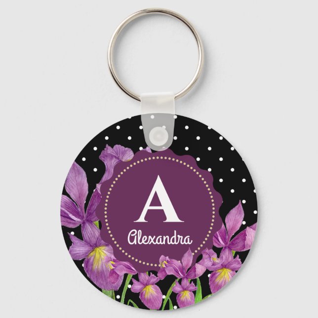 Watercolor Purple Iris Botanical Polka Dots Keychain (Front)
