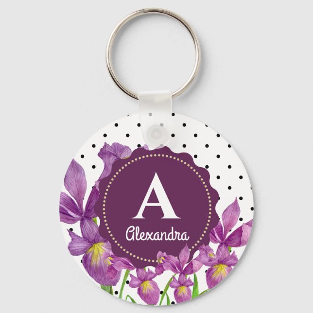 Watercolor Purple Iris Botanical Polka Dots Keychain (Front)