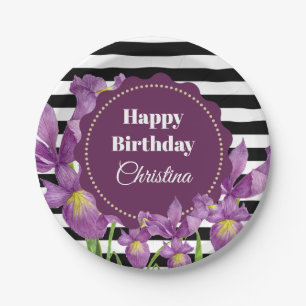 Watercolor Purple Iris Floral Black White Stripes Paper Plate